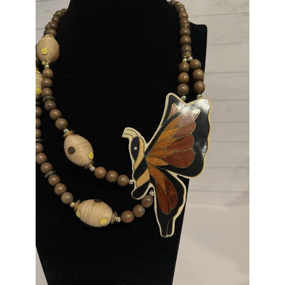 Vintage Wood Butterfly Statement Necklace Boho Artisan Inlay Beaded 17.5